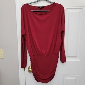 Boston Proper Dark Red Ruched Skirt Blouson Mini Dress Long Sleeve Stretch Med